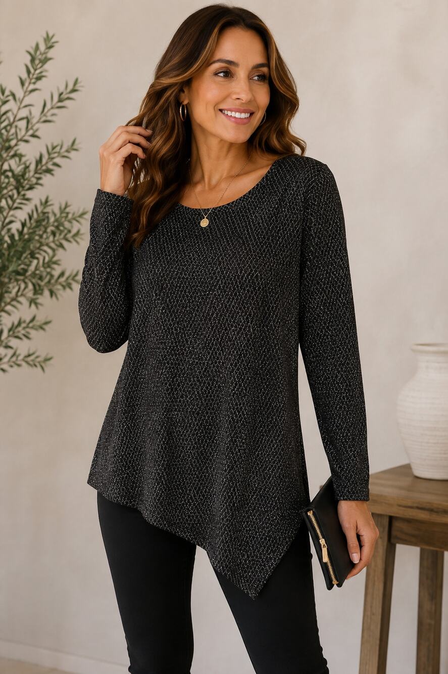 Karen Kane Black Silver Metallic Textured Asymmetrical Tunic Top M